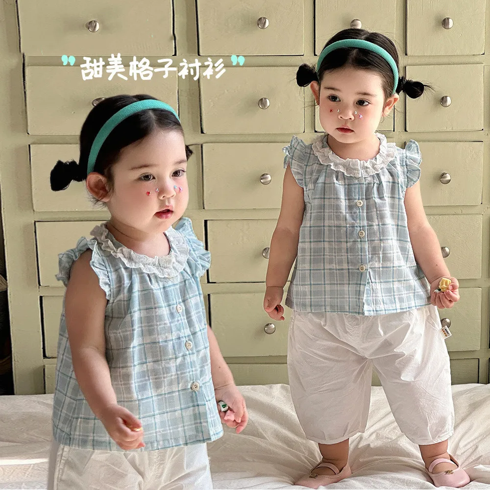 

0-4Y baby girl clothes toddler t-shirt Girls' summer sleeveless top blue checkered pattern sweet top