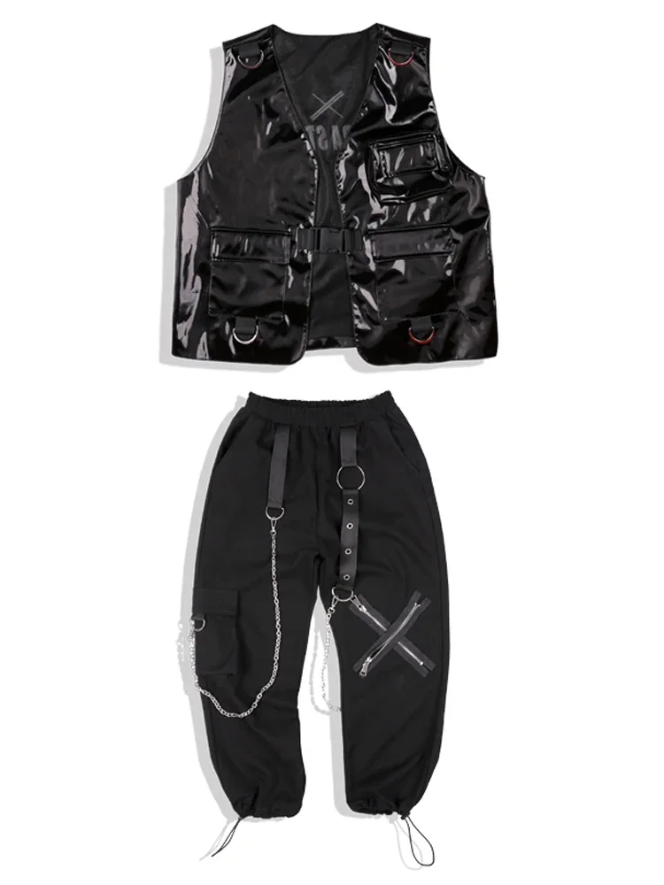 Modern Jazz Dance Costume Concert Stage Show Wear Kids Black Leather Vest Hip-Hop Pants Long Sleeves Tops