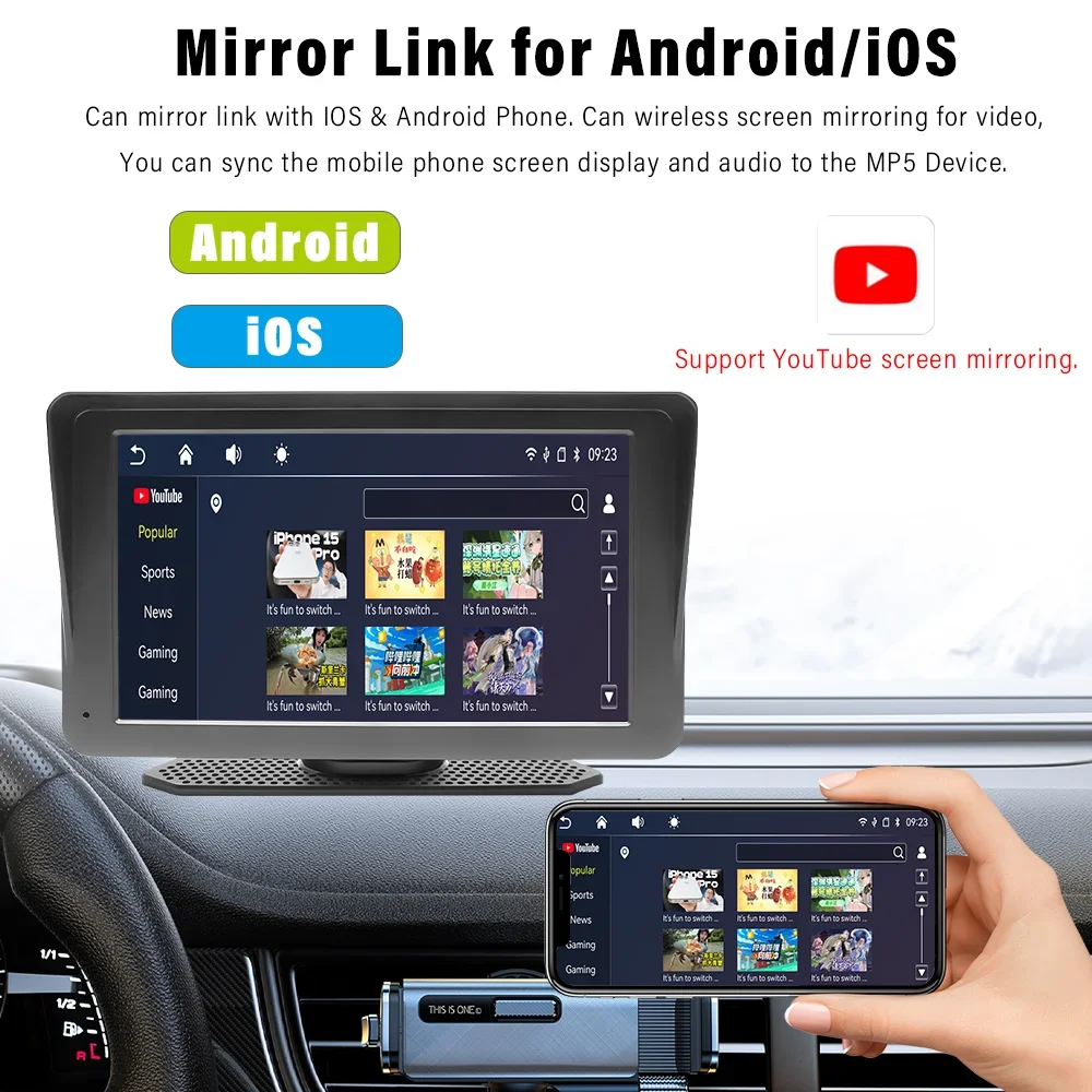 7 pollici Wireless Apple Carplay Android Auto Multimedia Player Touch Screen MirrorLink FM Transmit 5G WiFi supporto Youtube