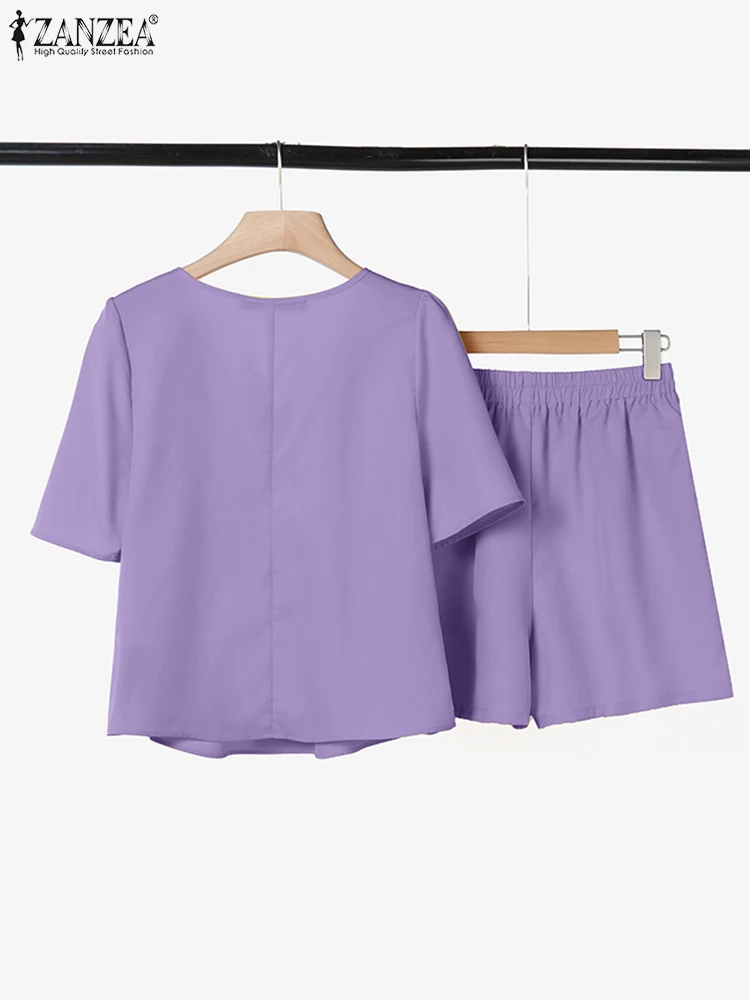 ZANZEA Kurzarm V-ausschnitt Pintuck Tops Lose 2 Stück Kurze Sets Frau Casual 2025 Sommer Breite Bein Shorts 2 stück Outfits Anzüge
