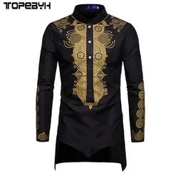 Camisa de manga comprida com flores douradas masculina, fina, esbelta, estilo europeu, estampa, streetwear, tendência africana, nova