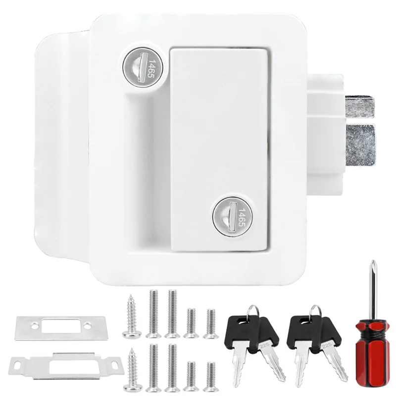 

RV Entry Door Lock Replacement Kit With Deadbolt Keys, Travel Trailer Door Latch For Horse Trailer Cargo Hauler White-A61E
