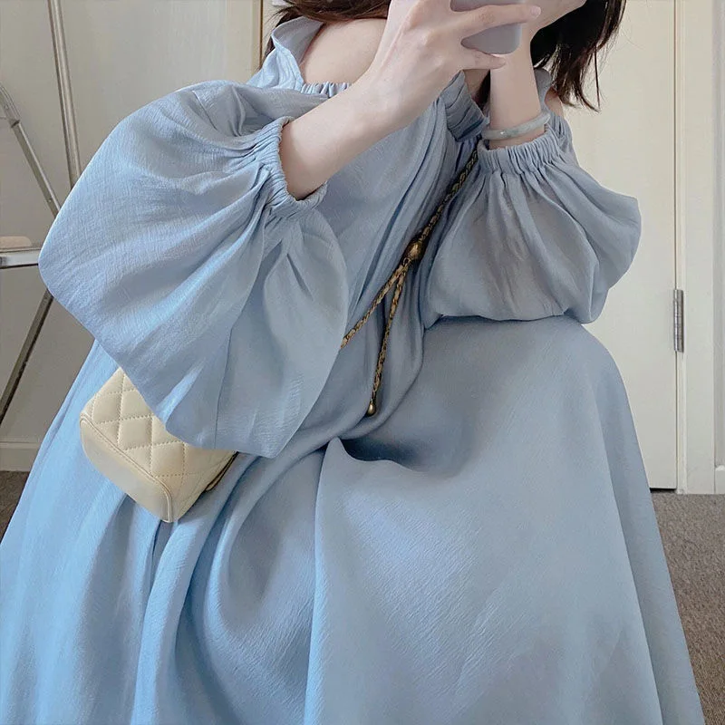 Sweet Loose Folds Off Shoulder Lantern Sleeve Long Dress Female Clothing 2023 Spring Summer New Korean Asymmetrical Sexy Dress