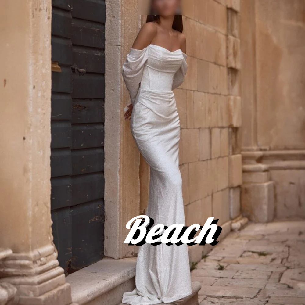 

Beach Sweetheart Long Sleeves Sequined Sweep Train Floor Length corset Lace up Back Evening Dresses Elegant For Wedding