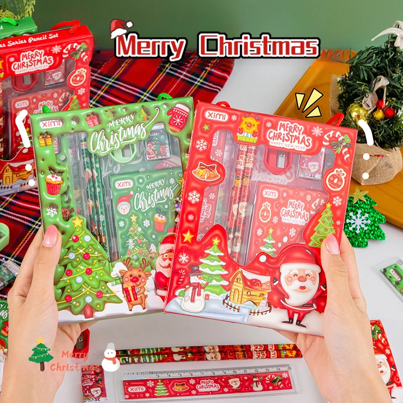 3PCS Christmas stationery set, Christmas gift gift pencil eraser six-piece set, Christmas prize 3 sets, random style.