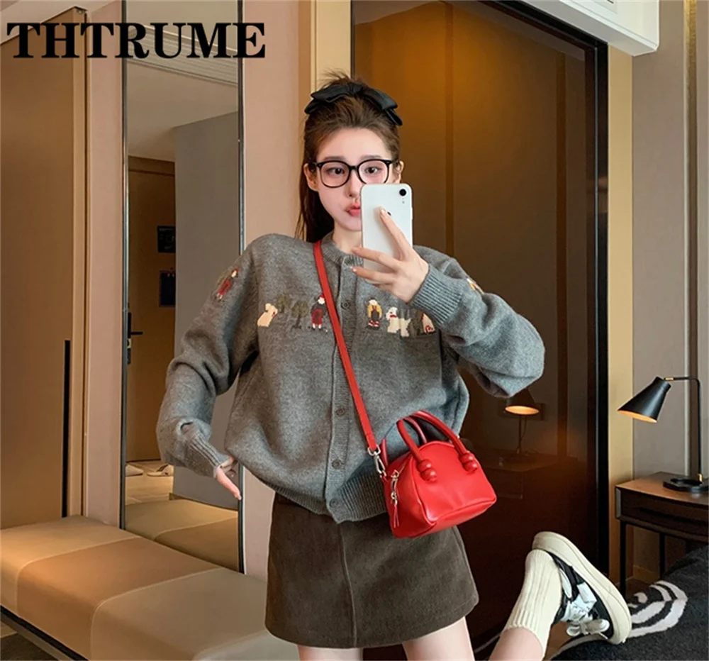 Korean Knit Retro Sweaters Fashion Women Long Sleeve Autumn Winter Round Neck Jumpers Tops Casual Gray Sweet Print Cardigans