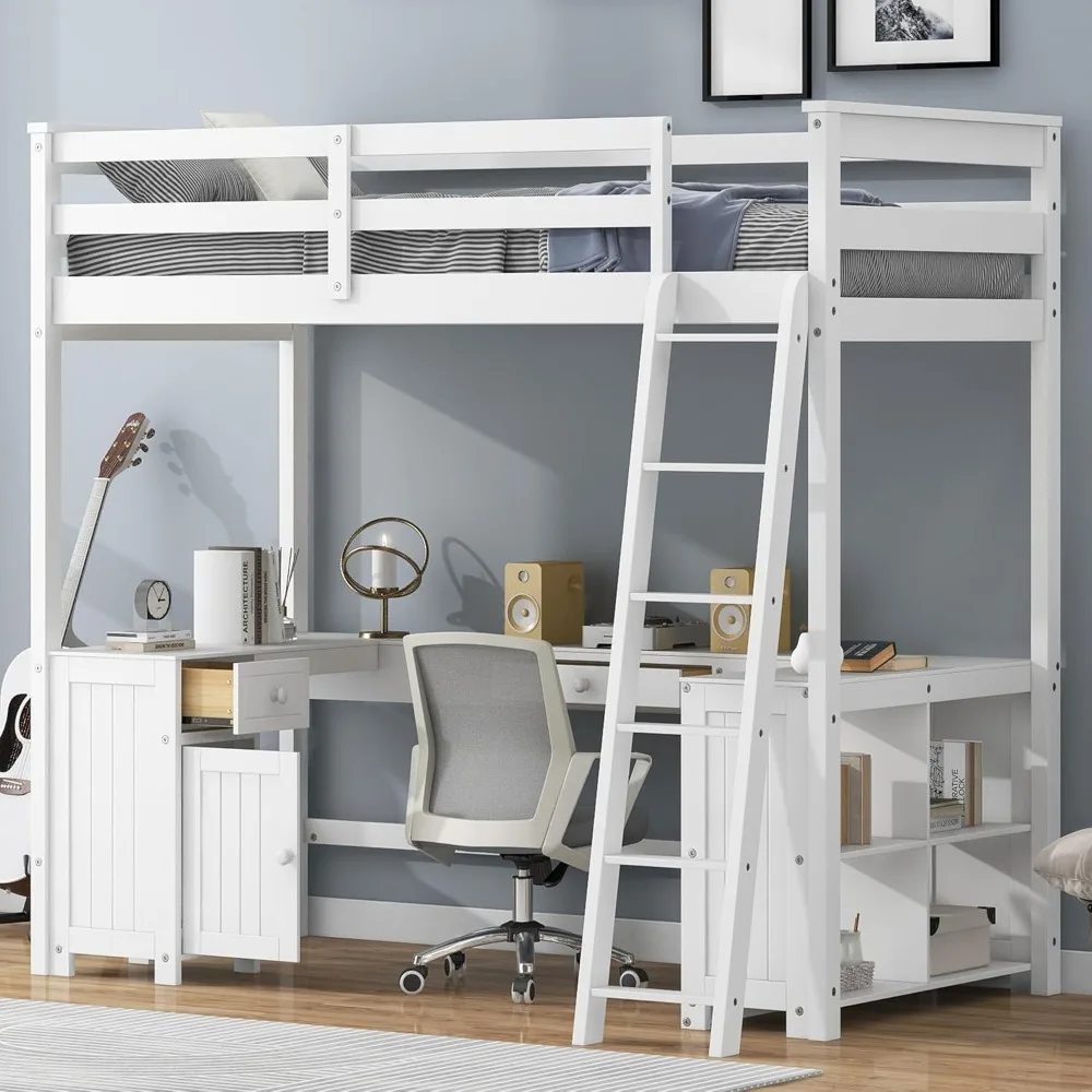 Picture 4: Merax Twin Size Loft Bed, Wood Twin Loft Bed Frame with U-Shaped Desk, Cabinet, Drawers and Storage Shelves