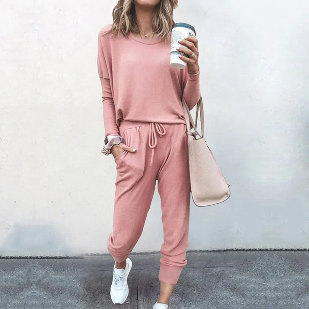 Women Solid Color Long Sleeve O Neck Blouse Top Drawstring Pants Sport Tracksuit Sports shirts autumn winter set Tracksuit Women