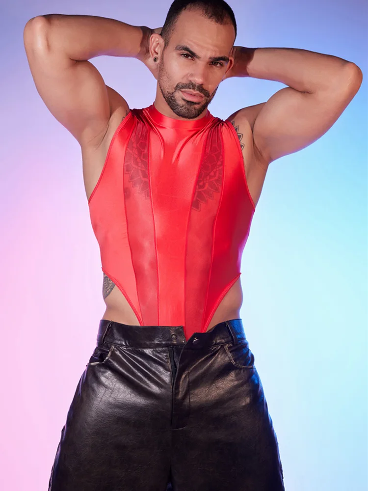 Sexy Männer Satin öl glänzend glänzend Bodysuit durchsichtig Yoga Strumpfhosen elastisch geformte Trikot Patchwork Tanktops Shape wear