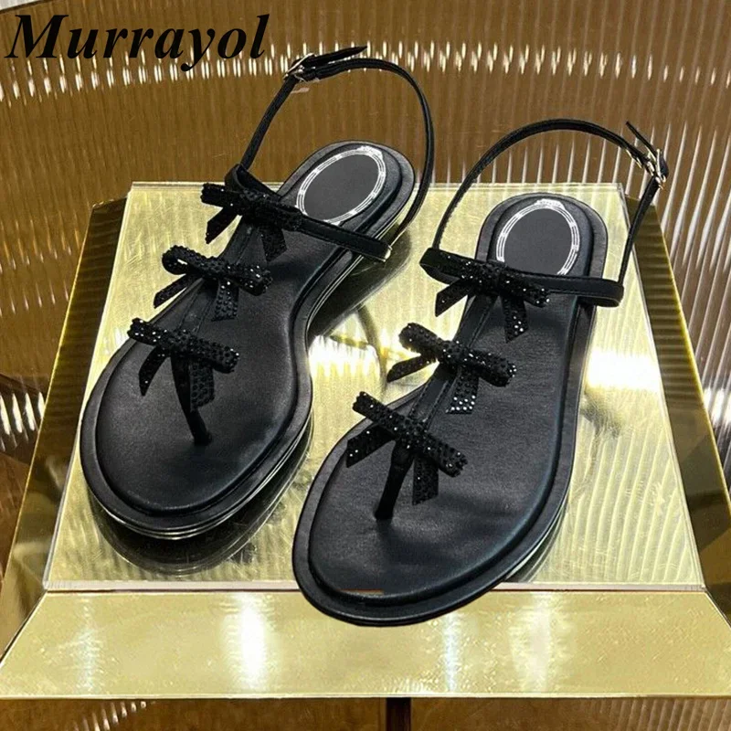 New Butterfly-knot Rhinestone Decor Flat Sandals Women's Satin Finish Pinch Toe Flat Sandalias  Summer Seaside Vacation Shoes
