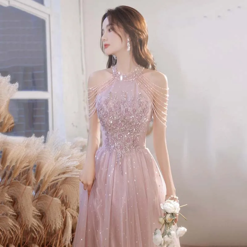 

Pink Halter Banquet Evening Dress Women Beading Sequin Appliques A-line Host Performance Dresses Exquisite Elegant Prom Gown