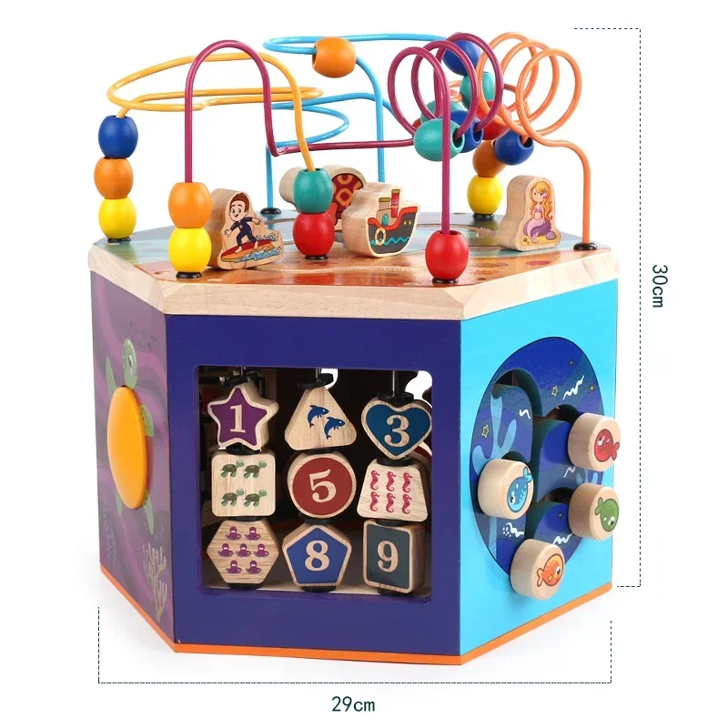 Hot salesMulti Function 6 Sides Diy Educational Mini Abacuse Maze Beads Kids Wooden Activity Cube Toy