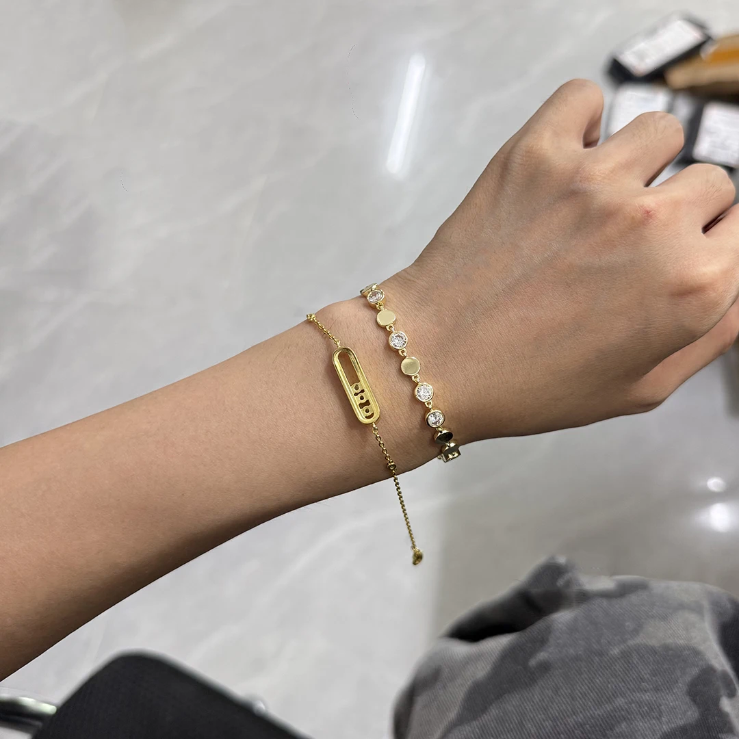 Galvanisiertes 18K Gold Damenarmband mit Vollbesatz aus Diamanten, Dynamisches Rundperlenarmband – Detail 3