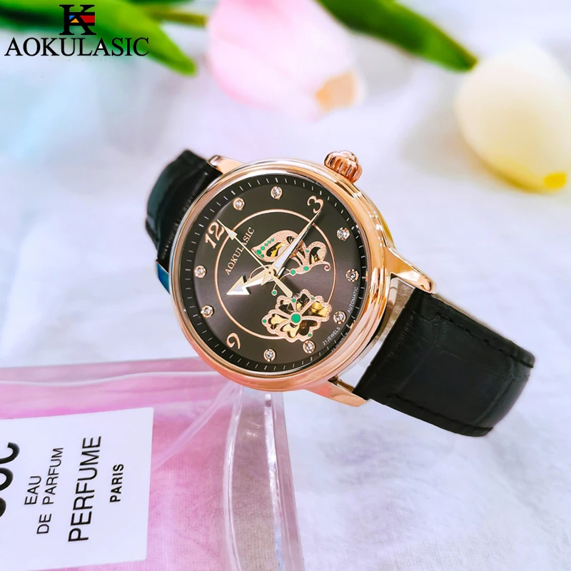 AOKULASIC Women Automatic Mechanical Watches Elegant Casual Waterproof Clock Watches Luxury High Quality Business Ladies Watches