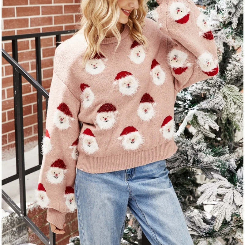 

2025 Christmas Knitted Sweater Women Pullover Vintage Santa Print Winter Fashion Top