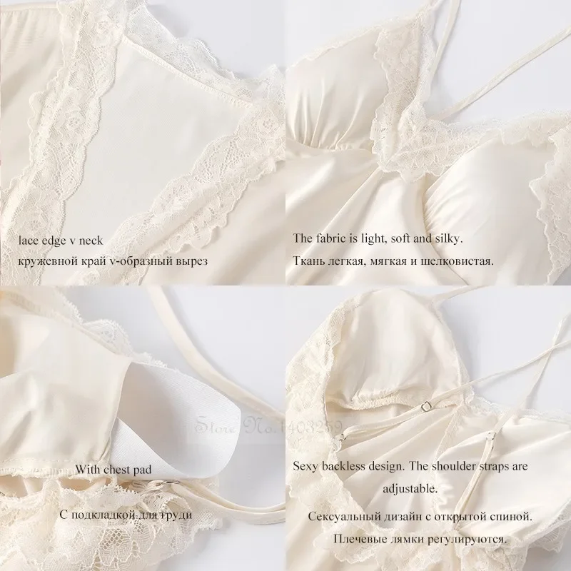 새로운 여성 긴 가운 잠옷 세트 섹시한 레이스 트림 잠옷 서스펜더 Nightdress 봄 여름 캐주얼 새틴 홈 드레스 목욕 가운