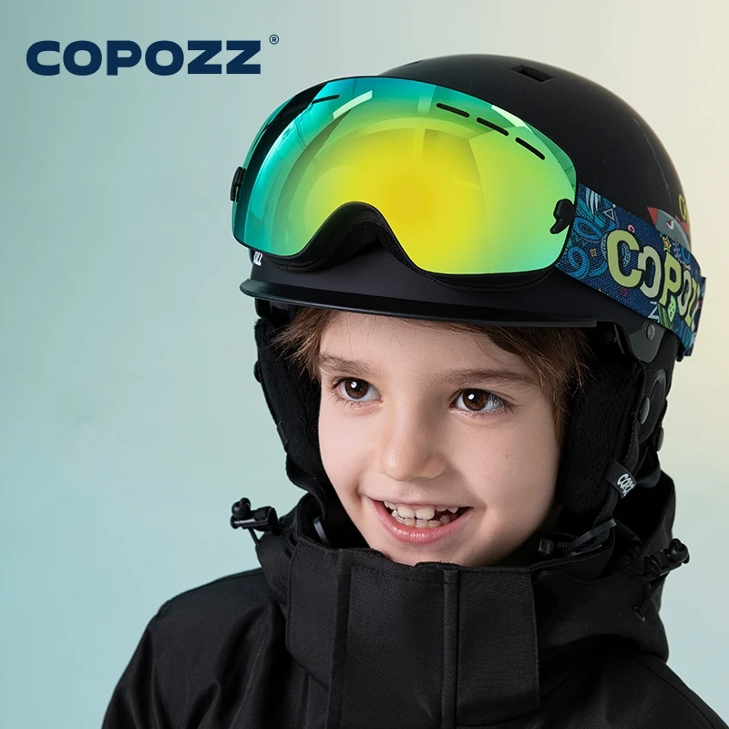 COPOZZ 4-15 years old Kids Ski Goggles Anti-fog Children Snowboard Goggles Double UV400 Skiing Mask Glasses with Cartoon Straps