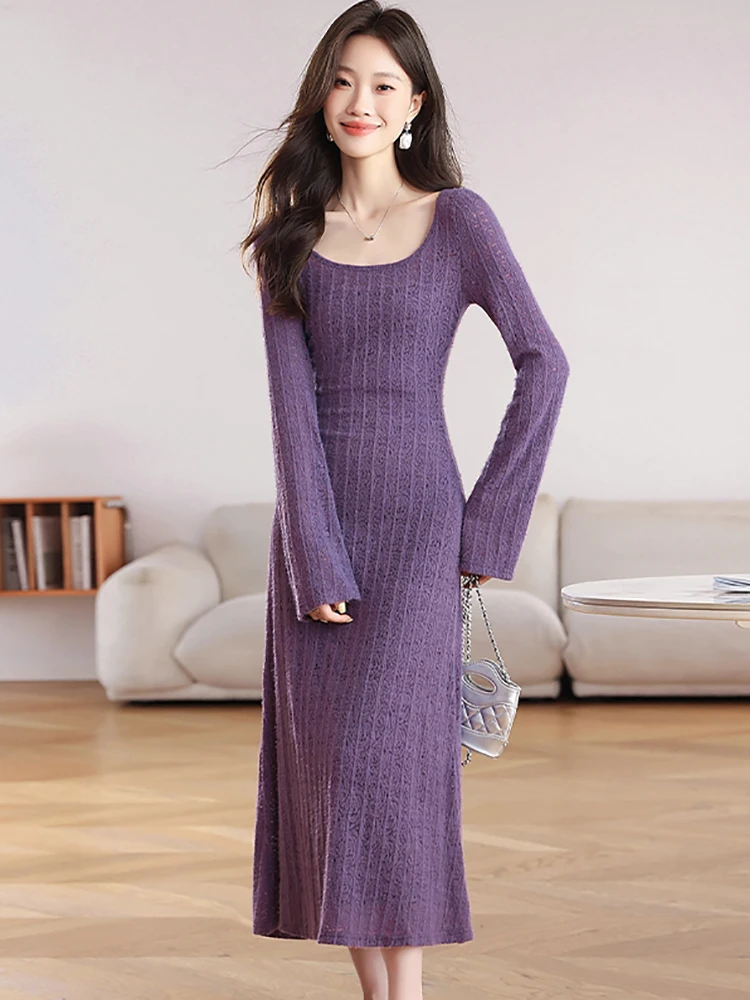 

Women Purple Knitted Lace Hollow Out Luxury Long Dress Autumn Winter Elegant Bodycon Dress 2025 Korean Vintage Festival Vestidos