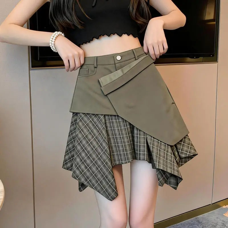 Y2k Asymmetric Skirt for Women Summer New Design Fake Two-Piece Plaid Patchwork Mini Skirts Korean Style Army Green