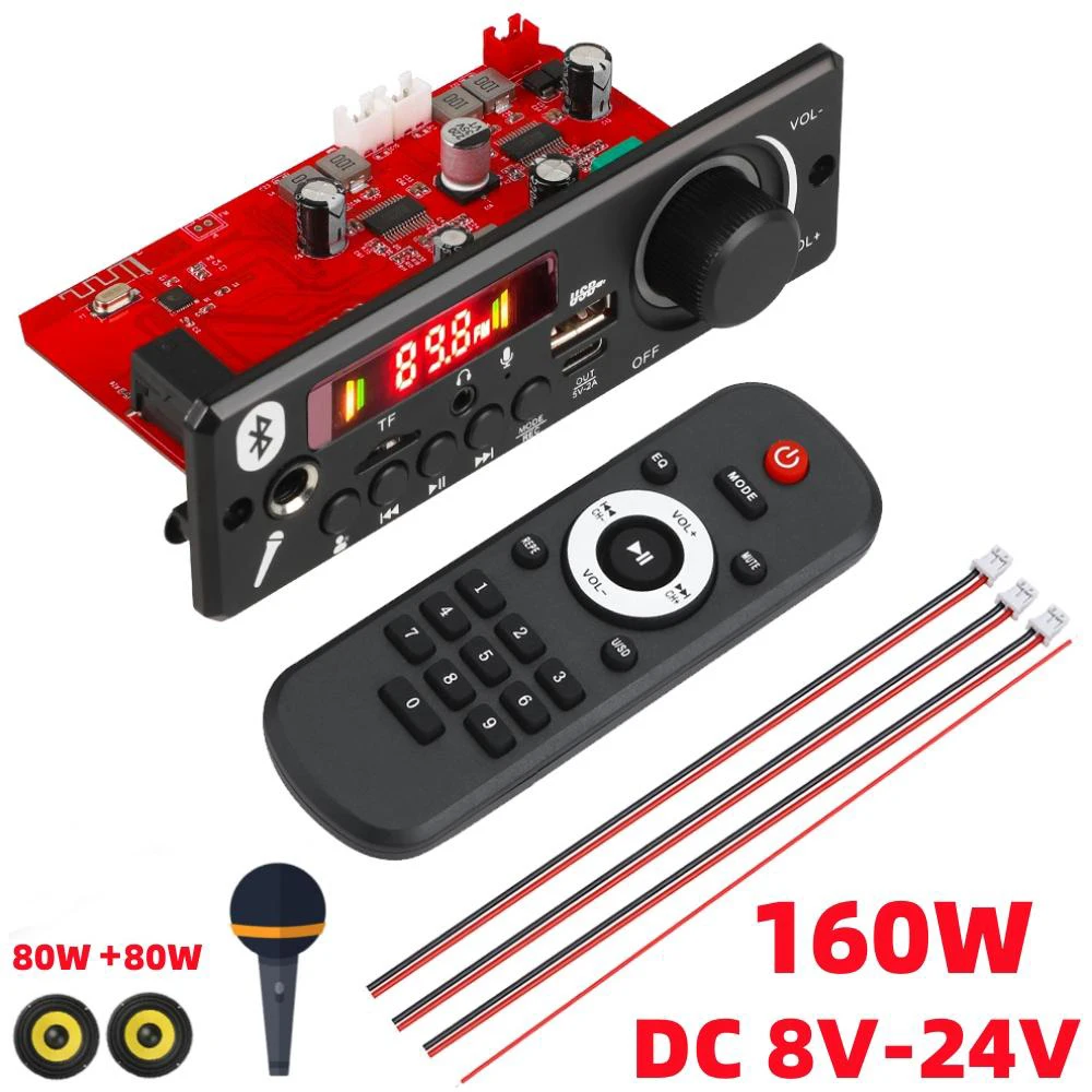 160W Amplifier Bluetooth MP3 Decoder Board 12V DIY MP3 Player Car FM Radio Module TF USB Microphone Record Handsfree Call