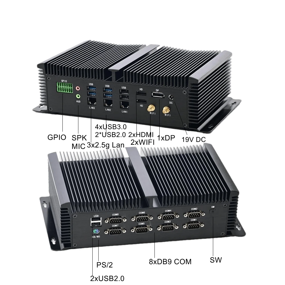 Fanless Industrial Computer 8 COM Ports 3x2.5G Lan Core i7-1260P i5-1235U Rugged Linux Mini PC for Commercial Digital Signage