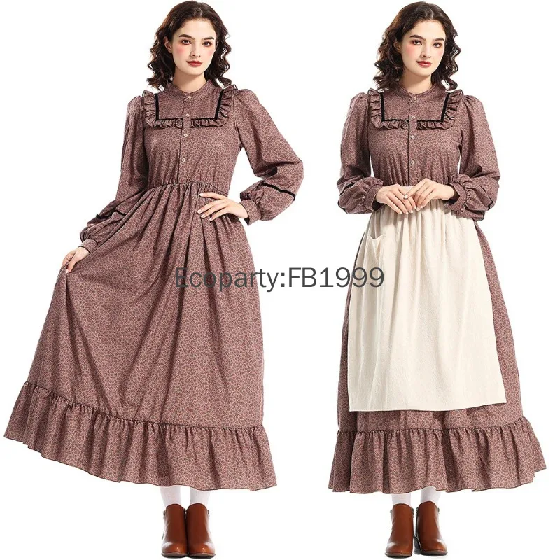 Vestido Vintage Medieval para mujer, colonia de pradera, mucama de pueblo europeo, disfraz de Pioneer, ropa de Halloween, 2 uds.
