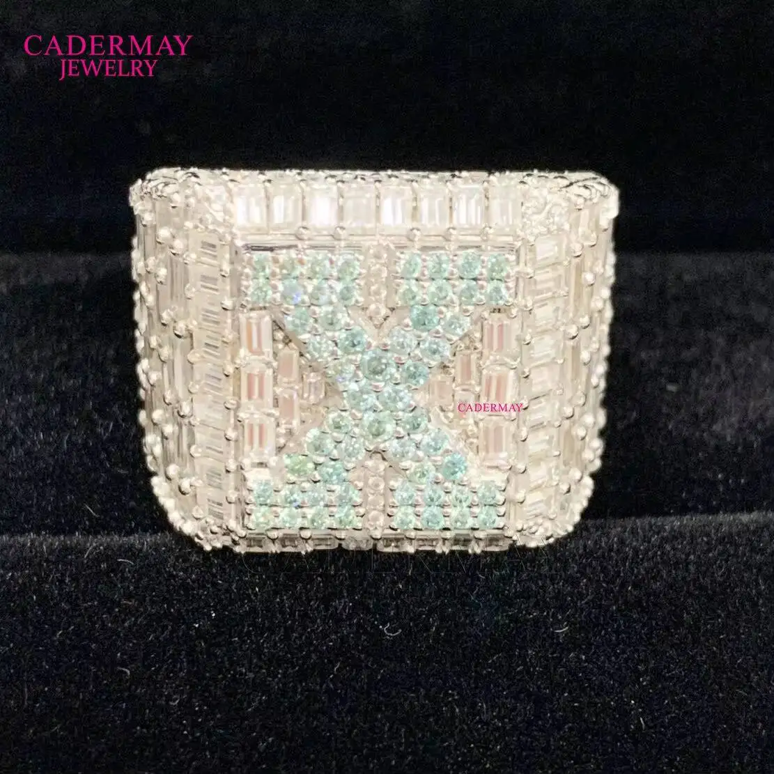 

Full Solid Custom Hip Hop Baguette Moissanite D VVS1 and Blue Color Cuban Ring Silver925 Man Letters Rings Band