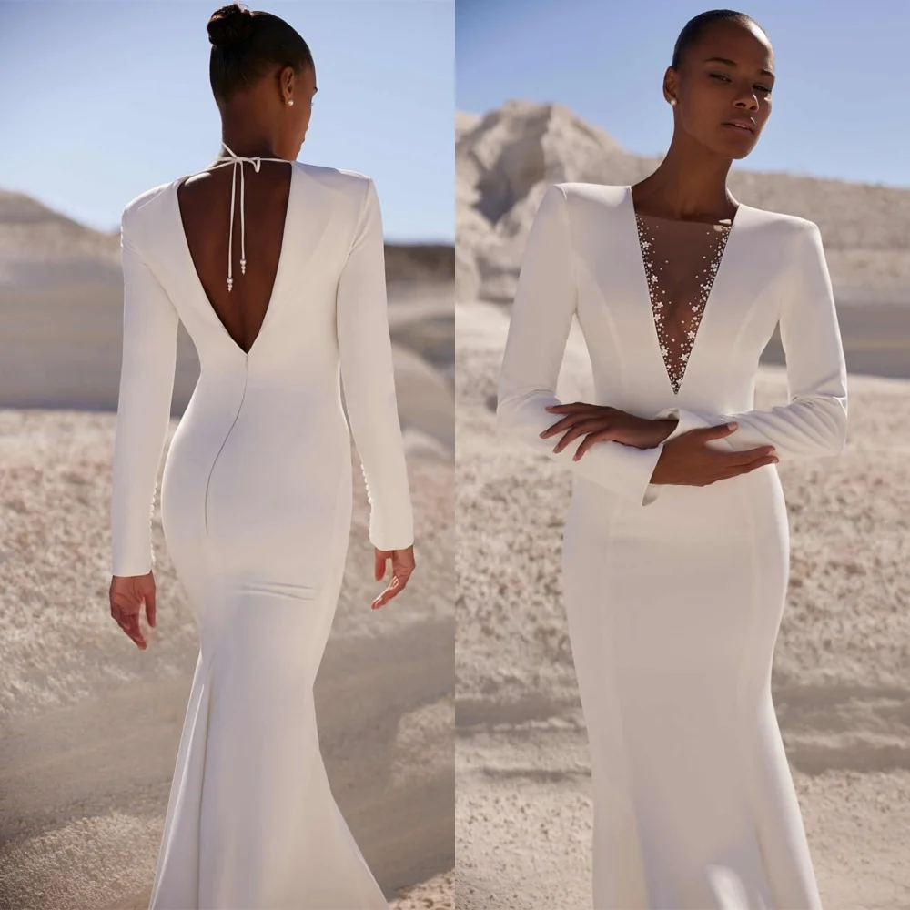 

Customized Mermaid White Jersey Wedding Dresses Exquisite V-Neck Long Sleeves Court Train Heavy Industry Wedding Dresses