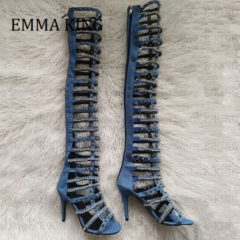 2022 Spring Summer Women Gladiator Sandals Boots Blue Denim Open Toe Stiletto Heels Stud Boots Ladies Crystal Botas De Mujer