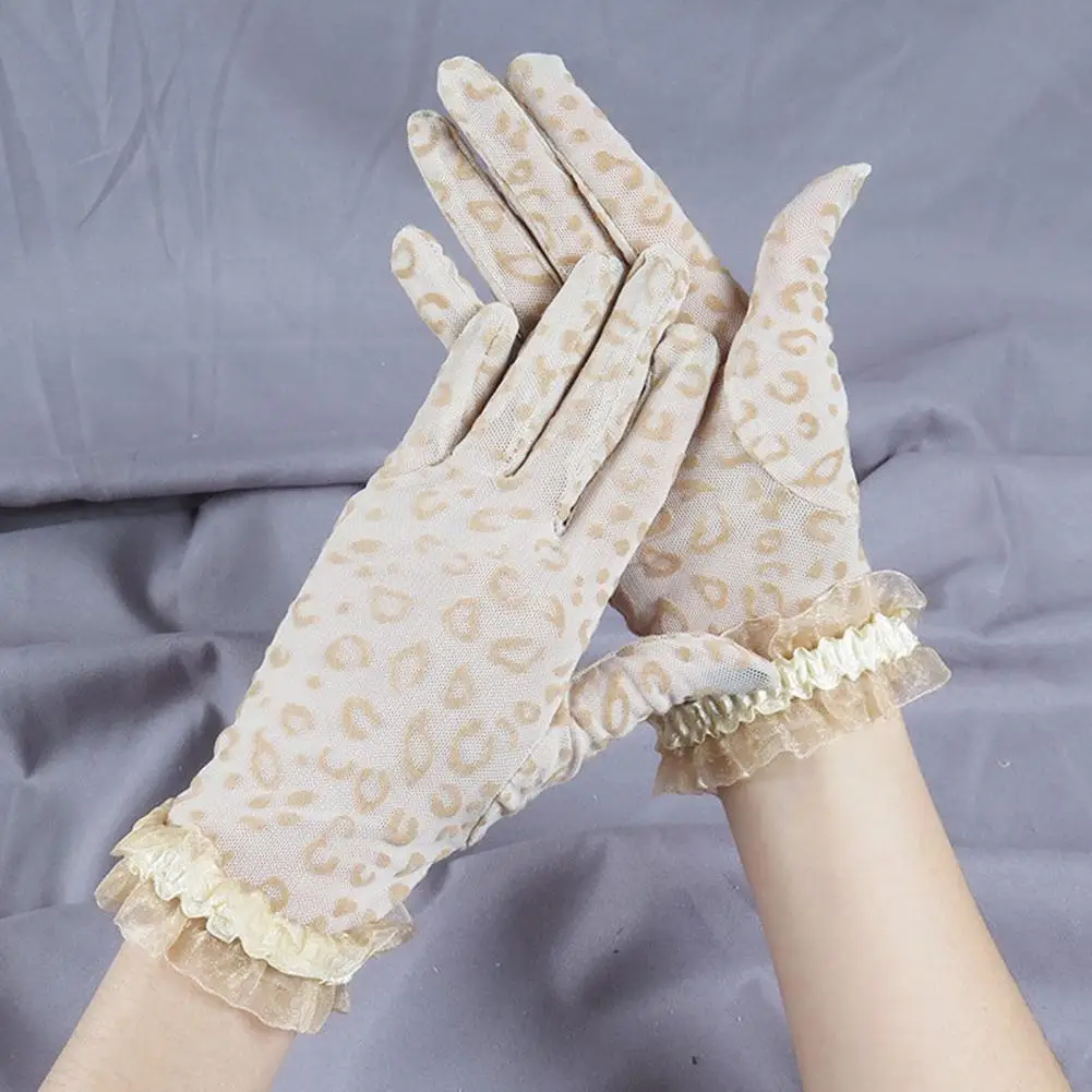 1 Pair Wedding Gloves See-through Thin Lace Leopard Print Women Gloves Decorate Shirring Vintage Full Fingers Prom Gloves