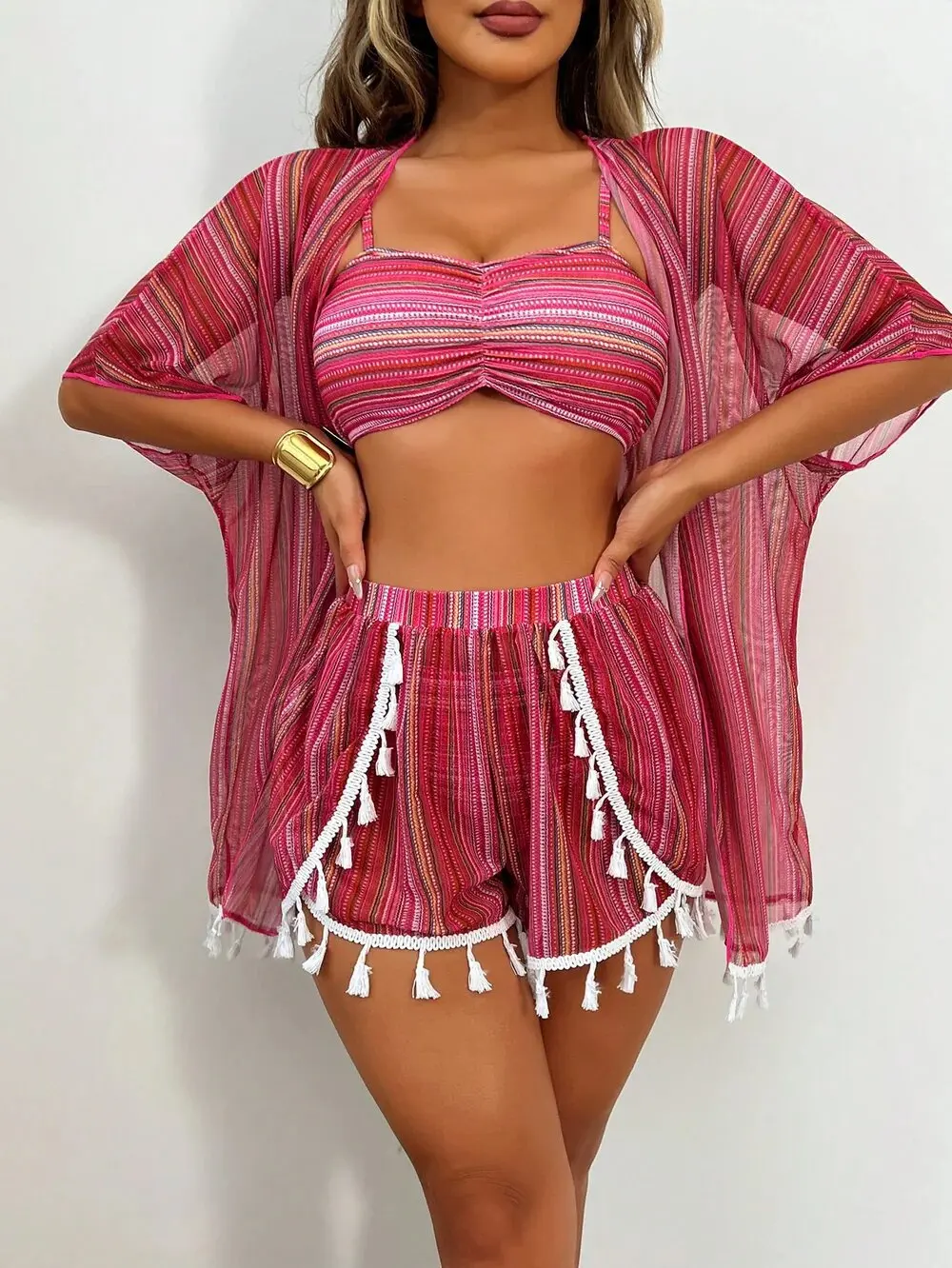 

New sunscreen blouse sexy tassel bikini four-piece swimsuit women's suit