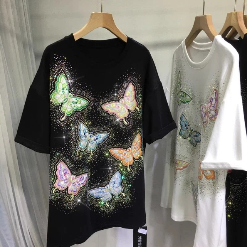 Plus Size Colorful Butterfly Embroidery Women T-shirt Sparkling Rhinestone Big Size Tops 2024 Aesthetic Y2k Art Style Streetwear