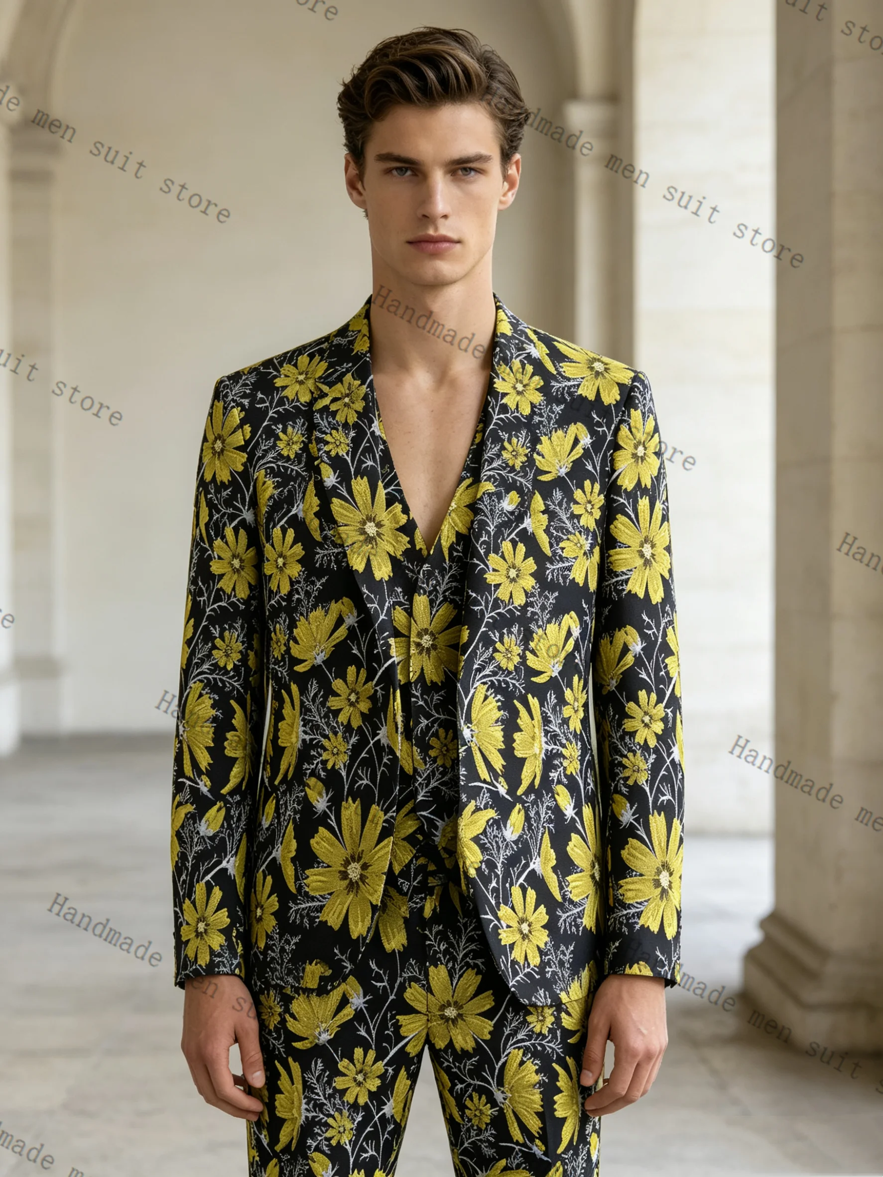 Formal Wear For Men Yellow - Yellow Printed Men Suit Set 2