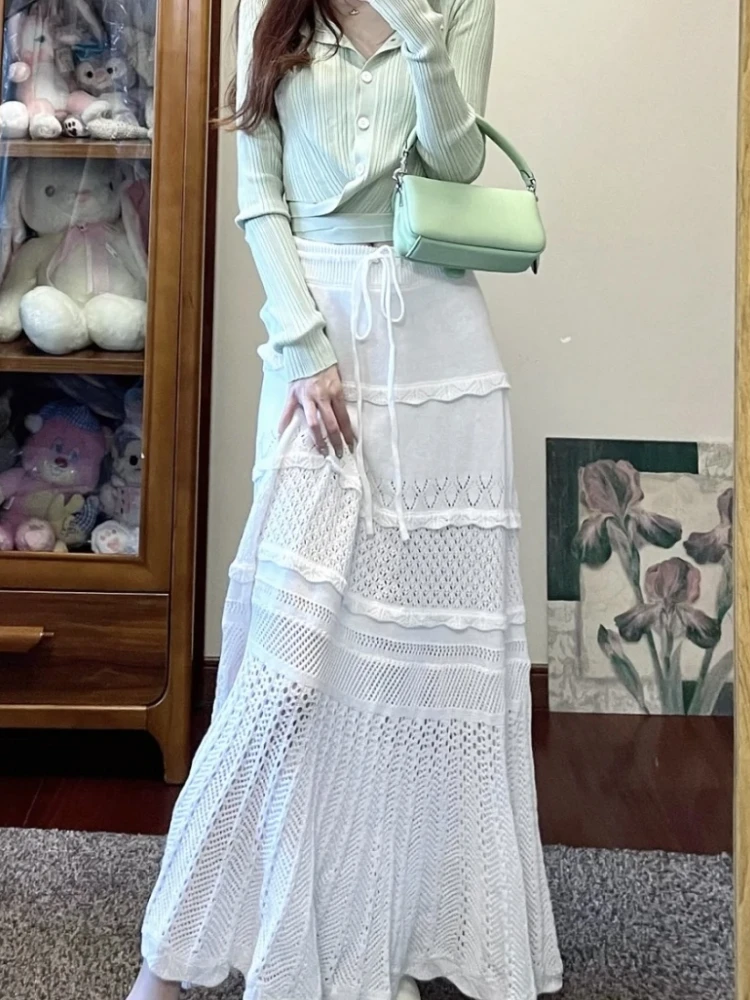 

Qiukichonson Midi Long Skirt For Women Knitted Skirt 2024 Goth Vintage Spring Summer Lace Up Holllow Out Side Slit Skirt rok