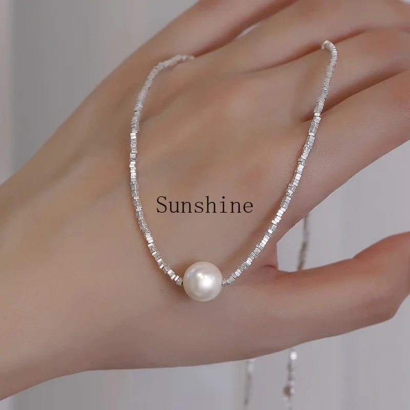 

Sterling silver freshwater pearl necklace popular light luxury niche collarbone chain neck chain