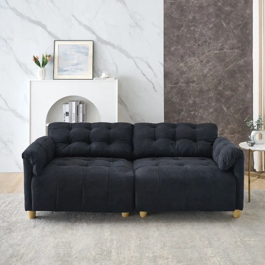 

French retro cloud fabric doubleseat creamy style straightline sofa for the living room.
