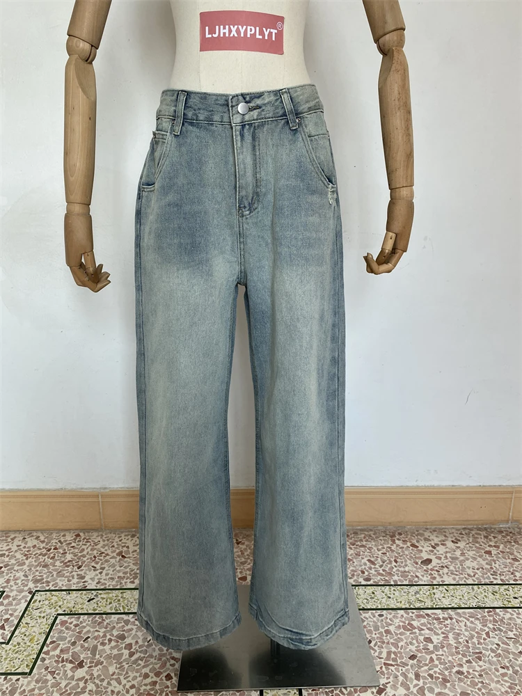 Pantaloni da donna in denim retrò neutro azzurro lavaggio da donna Pantaloni estivi da ragazza cool Pantaloni vintage Jeans a gamba larga a vita alta femminile