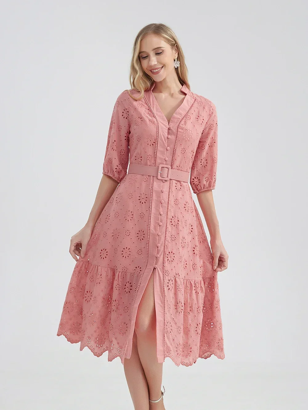 

2024 Cotton Hollow Out Summer Dress Women Holiday Perppy Casual High Waist Ruffled Mini V-Neck Dresses A-line Frills Dresses