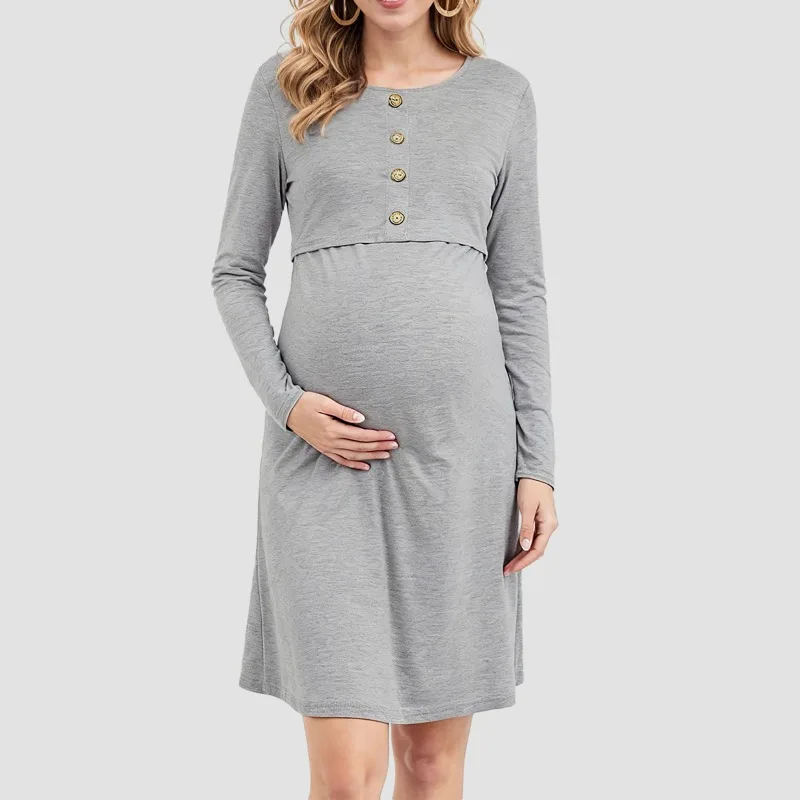 Maternity Button Decor Dress Gray Long Sleeve Casual Wear Dress For Women Maternity Fashion Daily Outfits