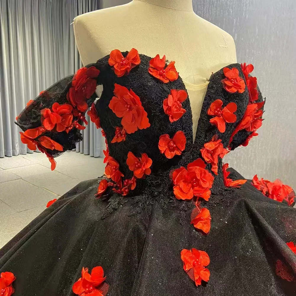 Zwarte lieverd Quinceanera jurk off-the-shoulder vetersluiting op de rug appliques gelaagde aanpasbare vestidos voor 15-jarige meisjes