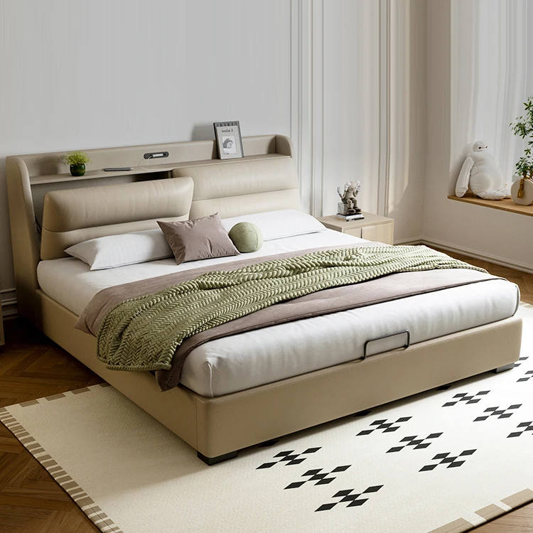 

For Luxury Bedroom Furniture Leather Wood Platform Bed King Size Bed Frame Set Storage with Charge