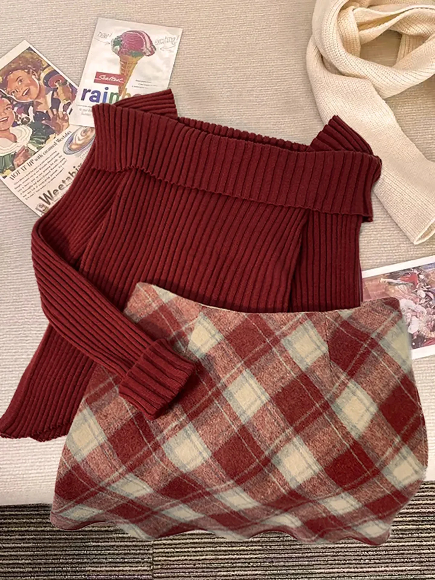 

Red Irregular One oulder Sweater And High Waist Plaid Skirt Two Piece Set for Women Casual Sle Winter Faion