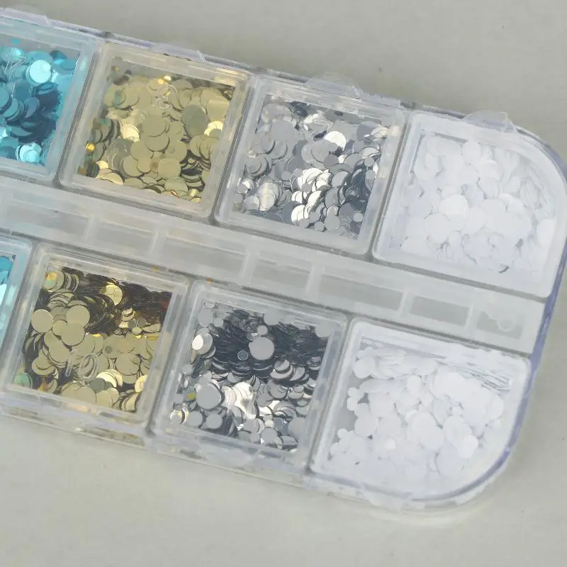 12 Fächer Runde Punkt-Blumen-Nagelkunst-Pailletten mit Glänzendem Glitzer in Verschiedenen Farben für DIY Nagelstudio Maniküre Dekoration – Detail 14
