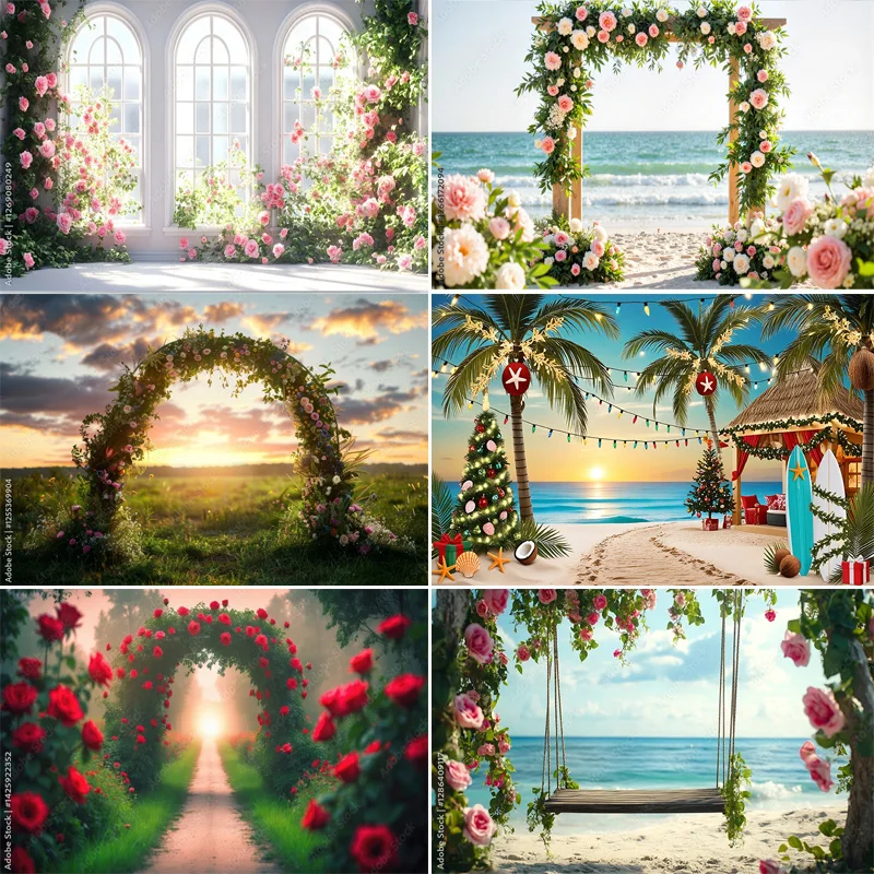An Elegant Wedding Pink Floral Ivy Photography Backdrop Dreamy Sheer Curtain Garden Wedding Arch Beach Photo Studio Props CV-06