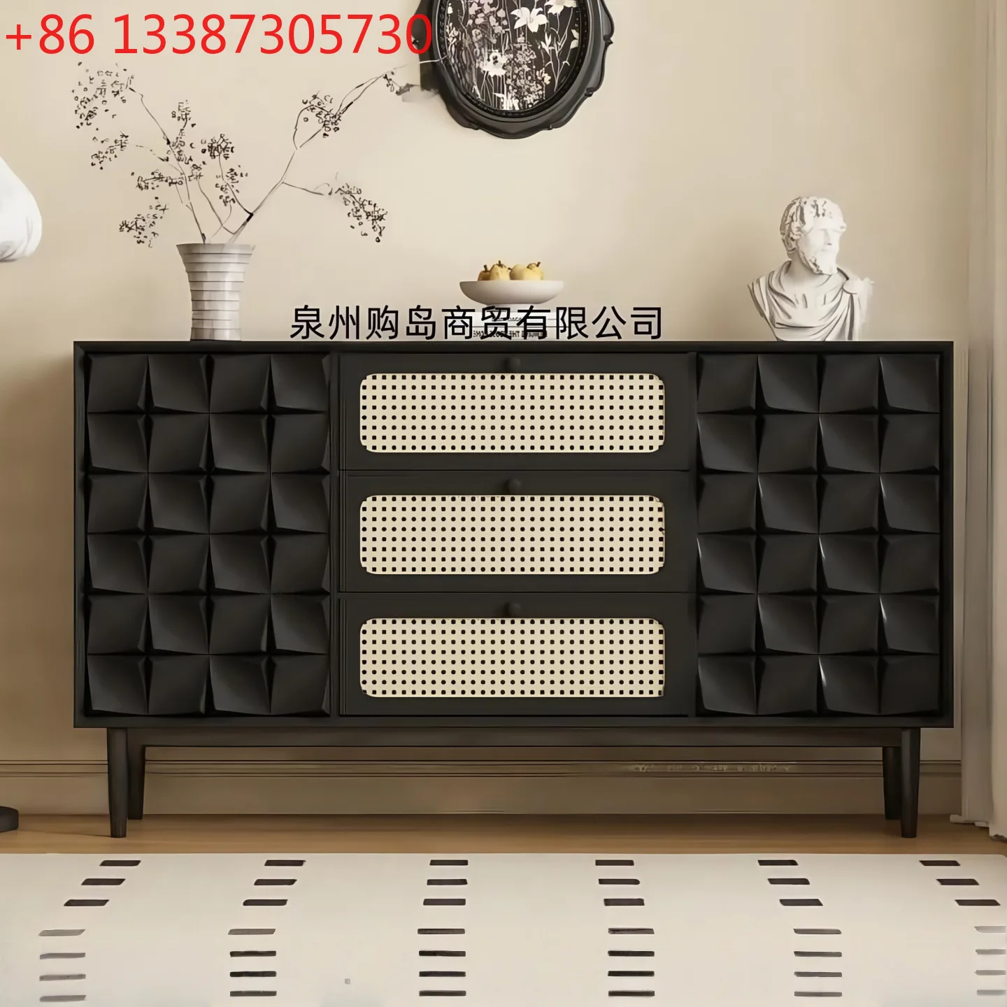 Credenza laccata, semplice armadio portaoggetti moderno in rattan in legno massello