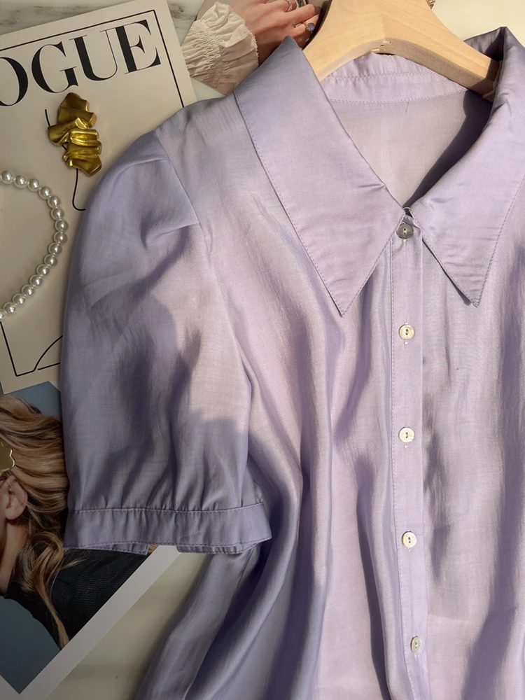 New Summer Girlish Rayon Turn-down Collar Crop Tops Puff Sleeves Simplicity Solid Color Comfortable Prairie Chic Shirts Blouses