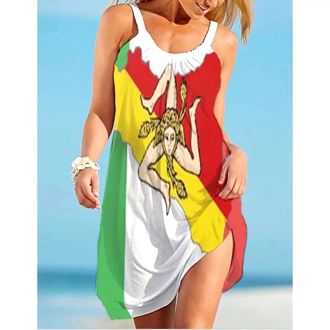 Italy Flag Dress Women Fashion Beach Strap Dress Bohemian Sleeveless Midi Dresses Party Evening Elegant Sundress Portugal 2023