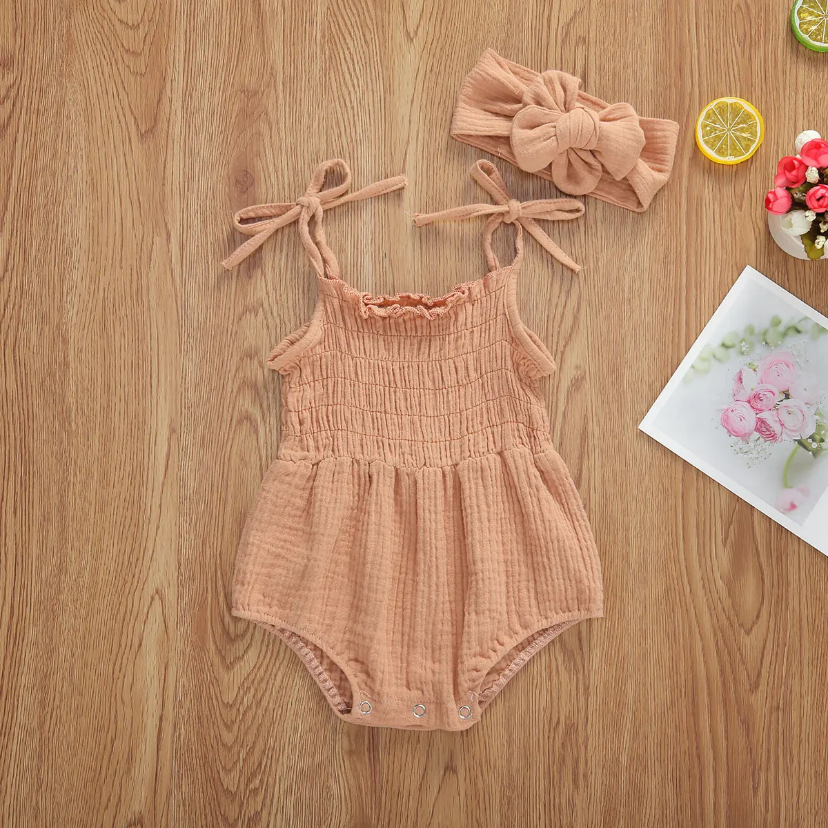 Newborn Baby Girls Cotton Linen Tie-up Bodysuits Romper Sleeveless Strap Jumpsuits+Headband 2Pcs Summer Solid Outfits Beachwear