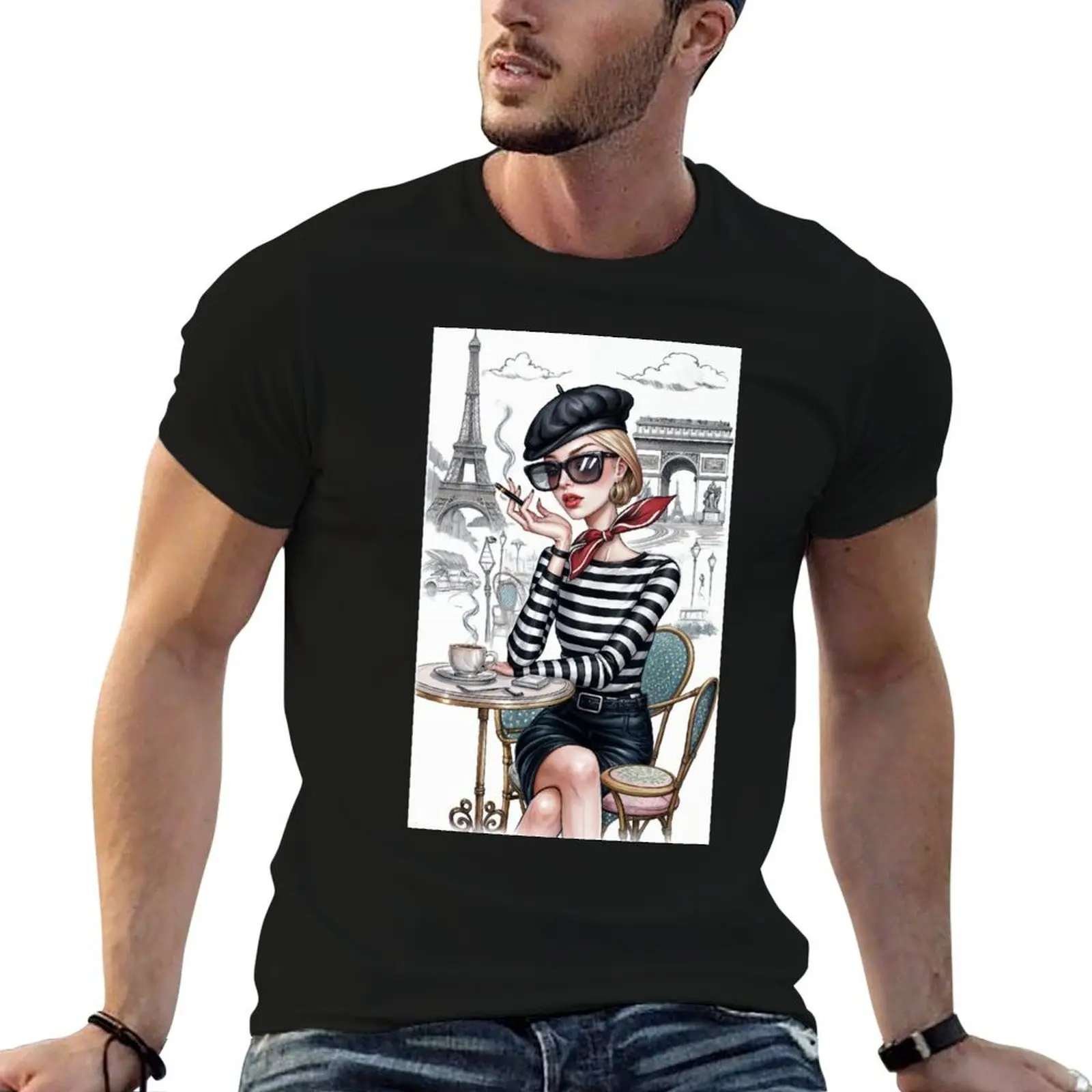 

Parisian Elegance: French Model Drinking Coffee T-Shirt graphic t shirts for man man t shirt graphic T-Shirt