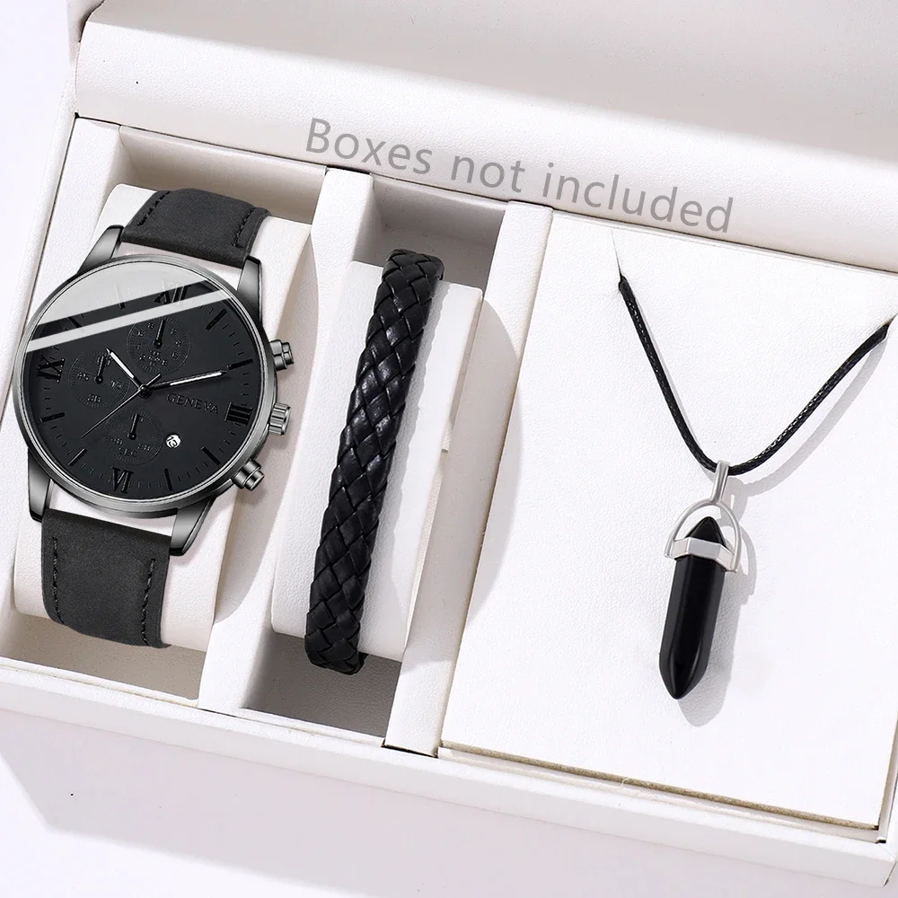 3PCS Black Men's Watch Set Business Trend Quartz Watch Bracelet Necklace Set Suitable for Daily Clothing Matching Perfect Gift